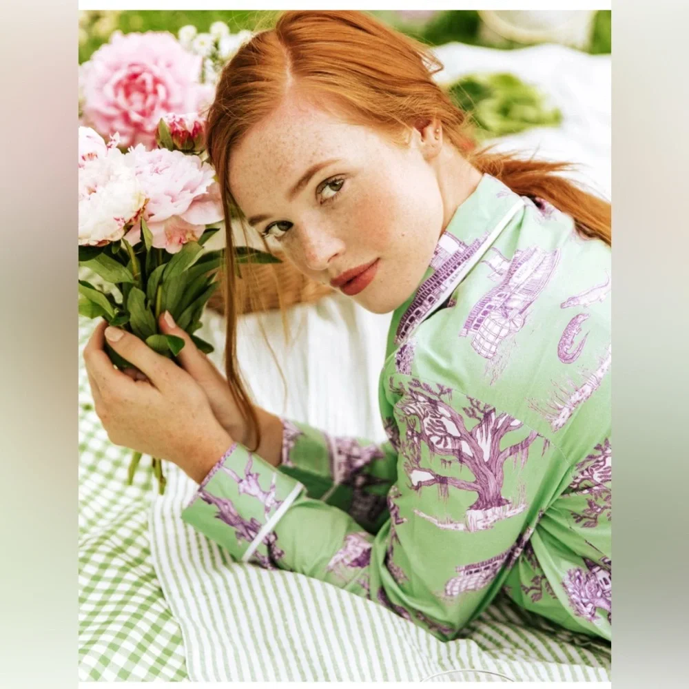 KATIE KIME New Orleans Toile pajama set in green and purple Mardi Gras - Picture 2 of 13